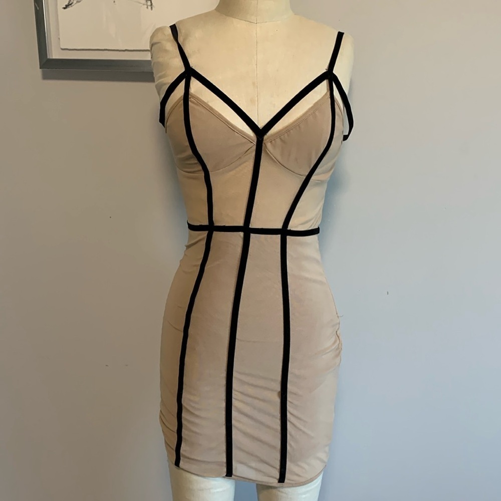 Luxxel Beige Mini Dress with Black Trim
